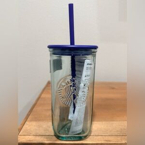NWT Starbucks Eco friendly triangle glass tumbler with purple lid and straw 16oz